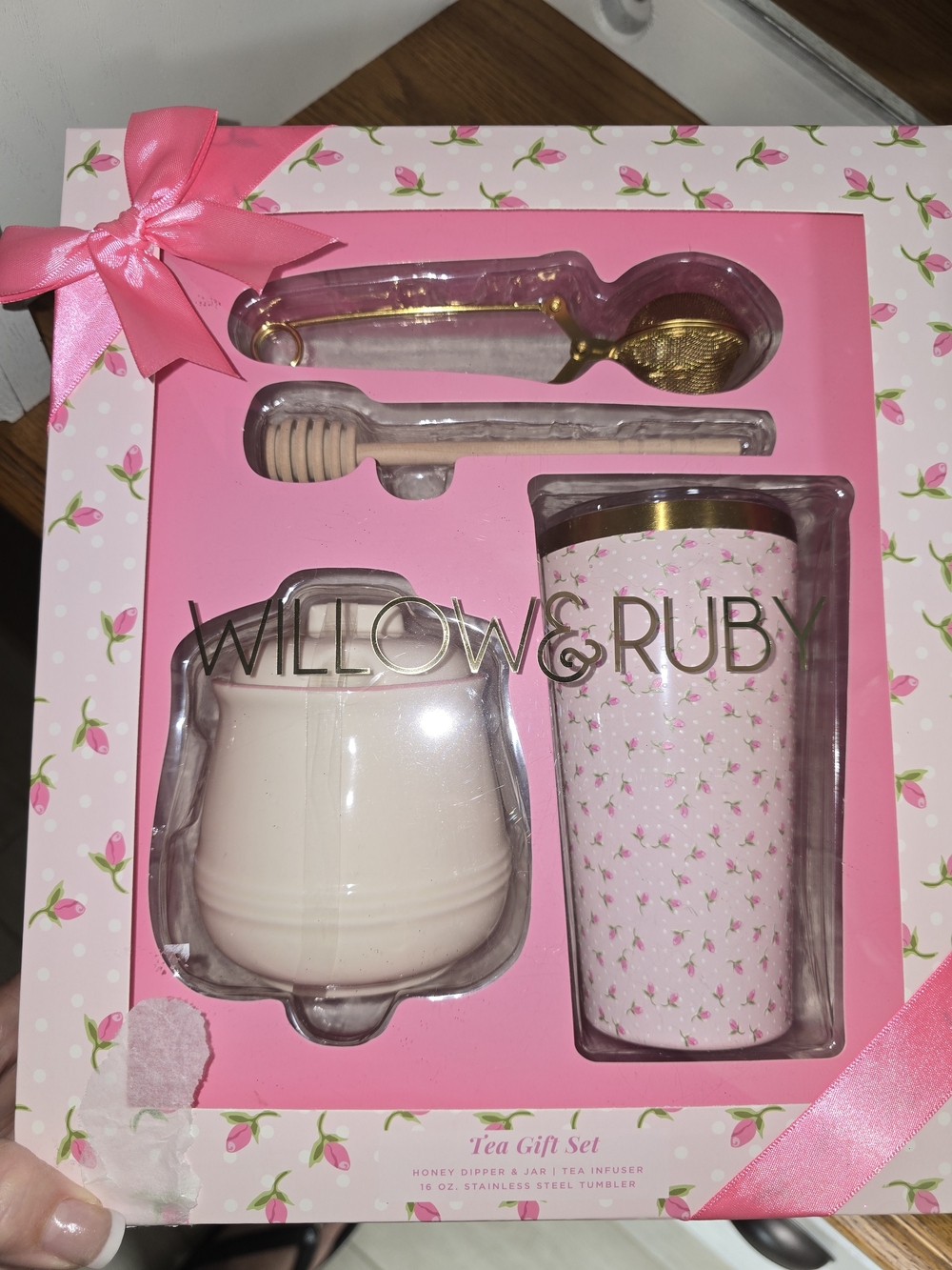 Pink Floral Tea Gift Set with Tumbler & Honey Dipper